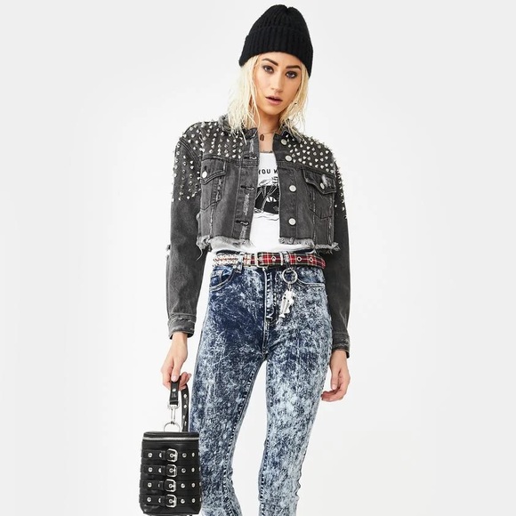 AZALEA WANG metal stud crop denim jacket AKIRA rare - Picture 2 of 12